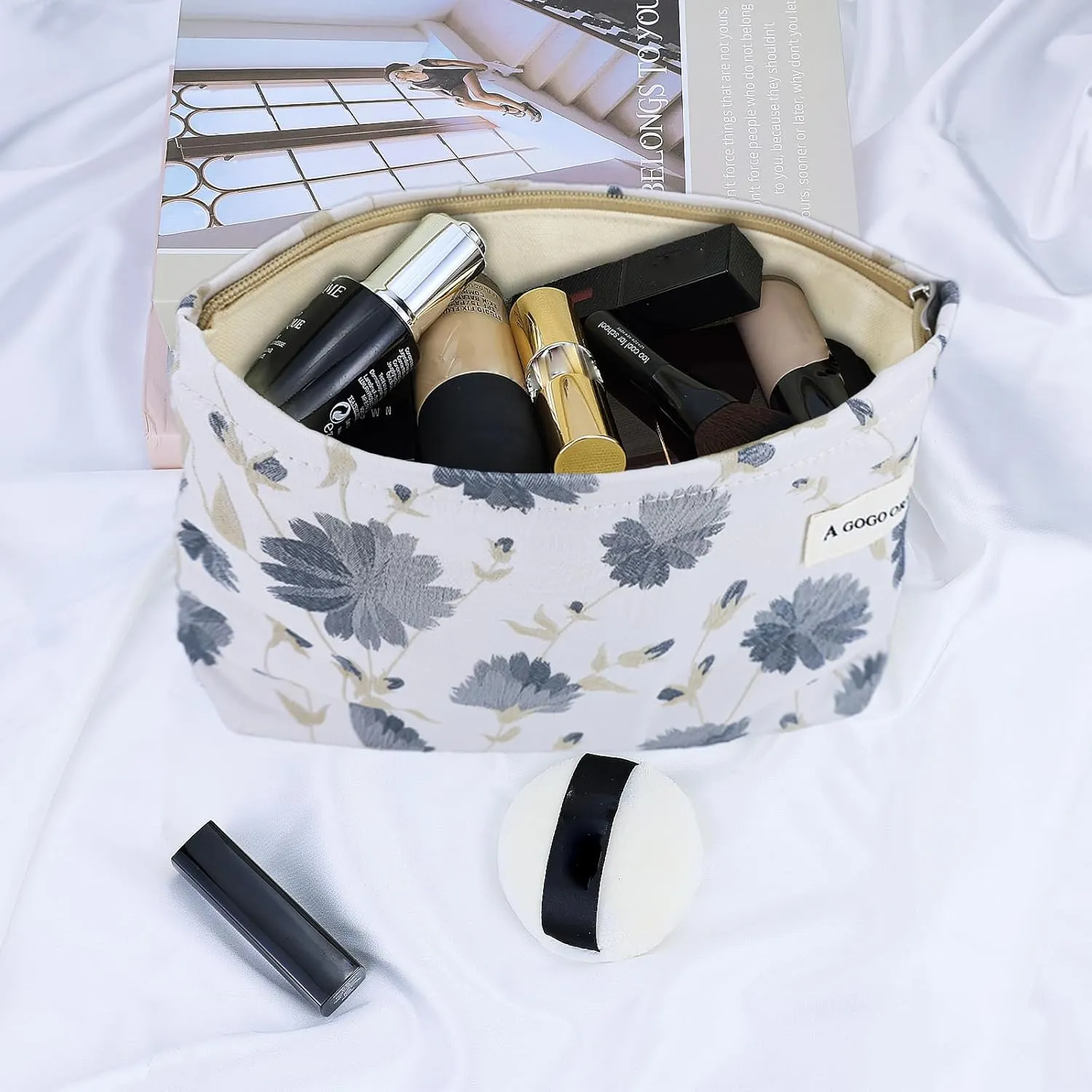 Cosmetic Makeup Bag Large Capacity Purse Travel Toiletry Zipper Storage Pouch Make up Brushes Organizer for Women and Girls Grey Mimosa