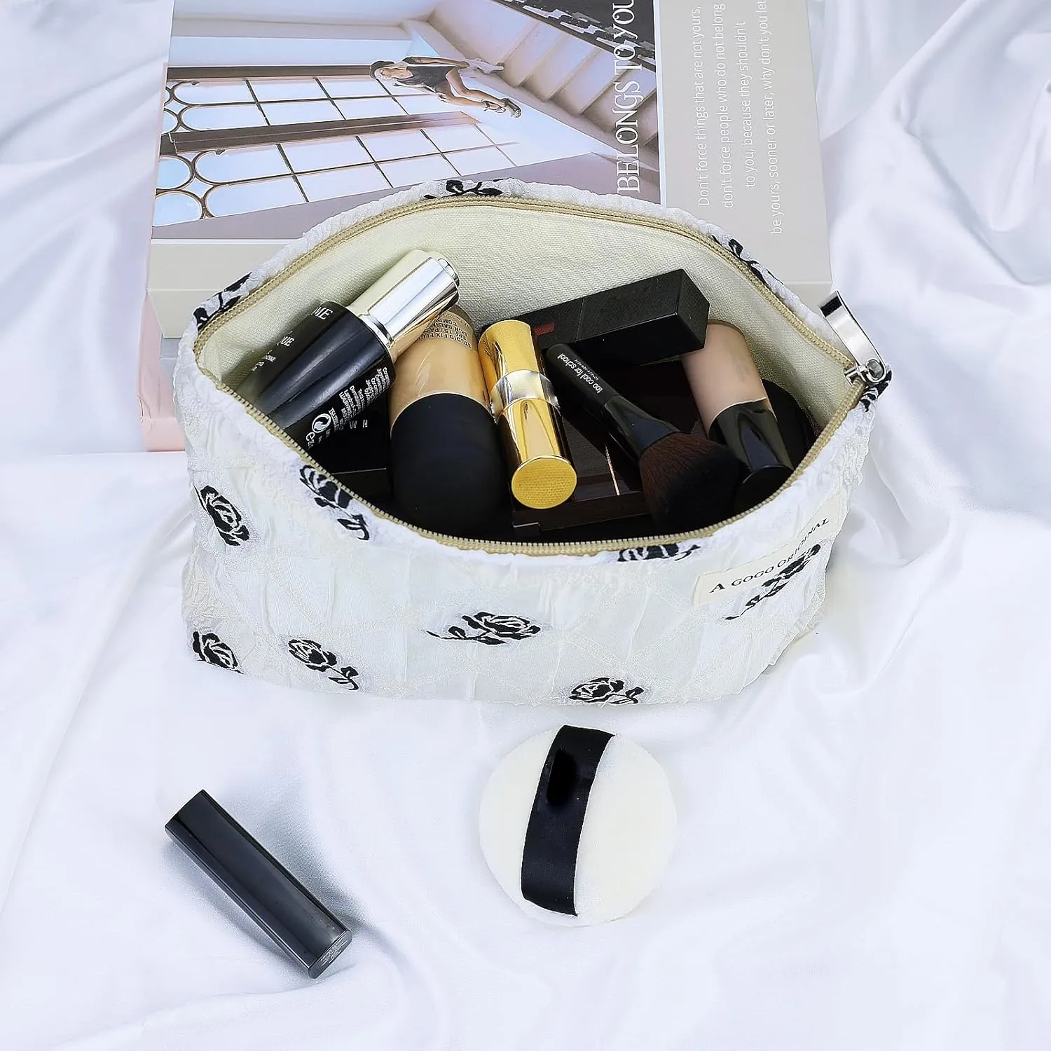 Cosmetic Makeup Bag Large Capacity Purse Travel Toiletry Zipper Storage Pouch Make up Brushes Organizer for Women and Girls Little Black Rose