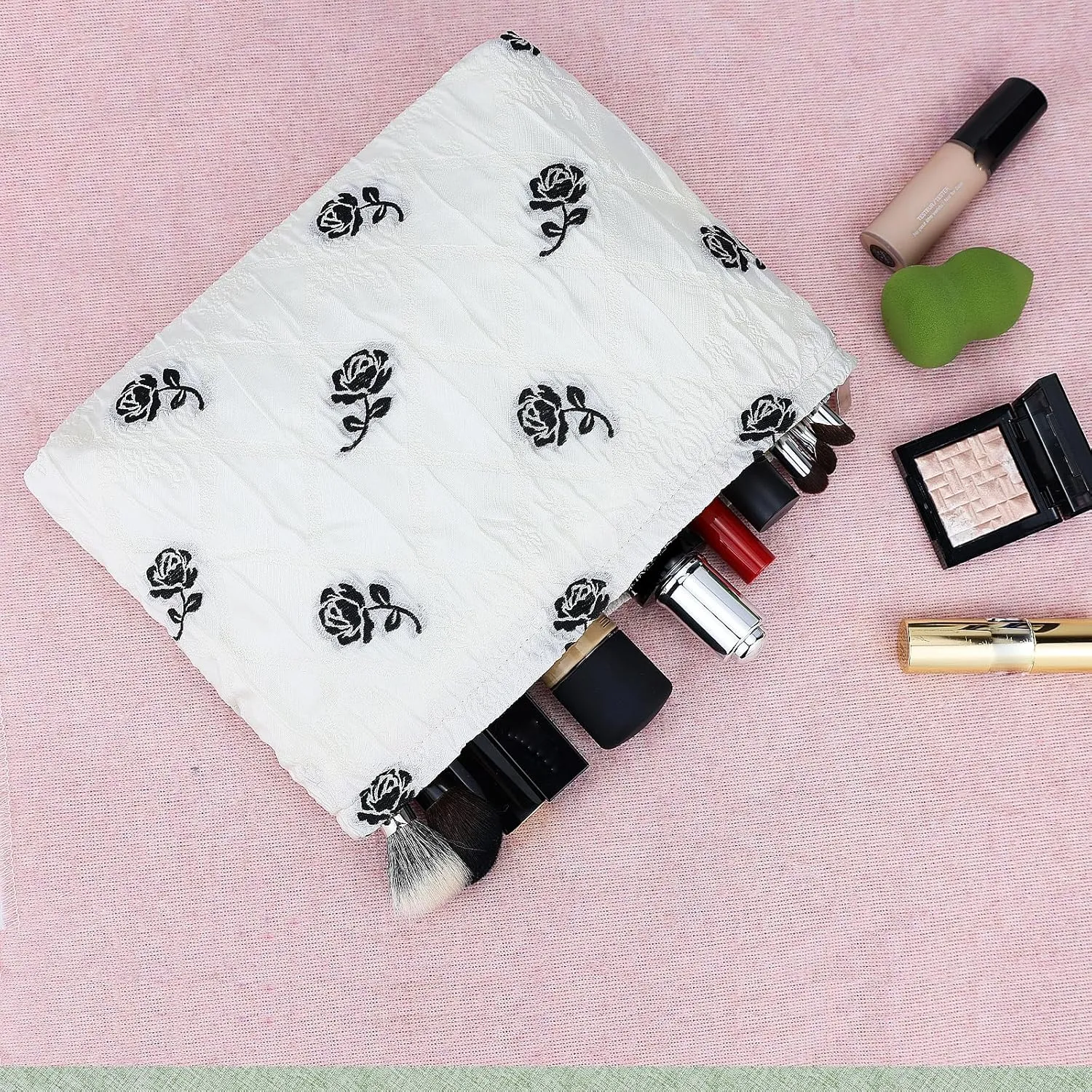 Cosmetic Makeup Bag Large Capacity Purse Travel Toiletry Zipper Storage Pouch Make up Brushes Organizer for Women and Girls Little Black Rose