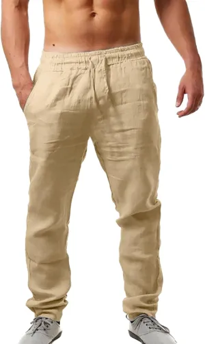 Cotton Linen Pants Men Casual Drawstring Summer Beach Pants Lightweight Breathable Flat Front Trouser with Pockets