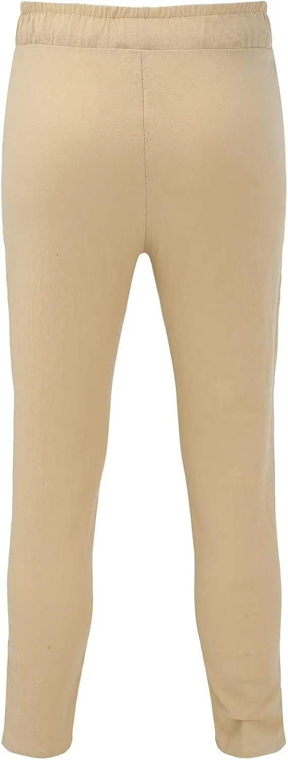 Cotton Linen Pants Men Casual Drawstring Summer Beach Pants Lightweight Breathable Flat Front Trouser with Pockets