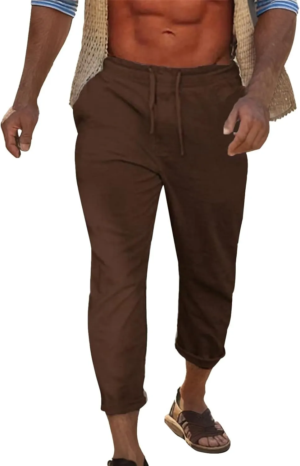 Cotton Linen Yoga Pants Men Summer Elastic Waist Drawstring Beach Athletic Pants for Workout, Jogging, Running