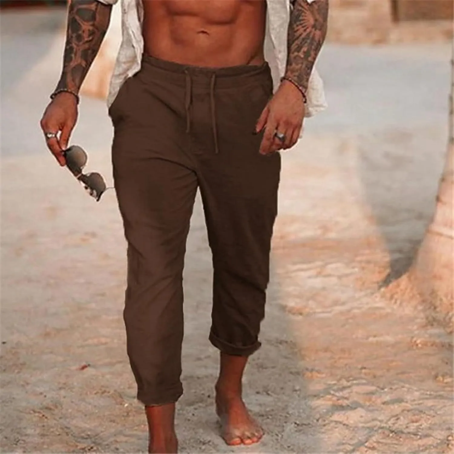 Cotton Linen Yoga Pants Men Summer Elastic Waist Drawstring Beach Athletic Pants for Workout, Jogging, Running