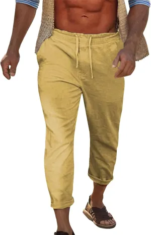 Cotton Linen Yoga Pants Men Summer Elastic Waist Drawstring Beach Athletic Pants for Workout, Jogging, Running