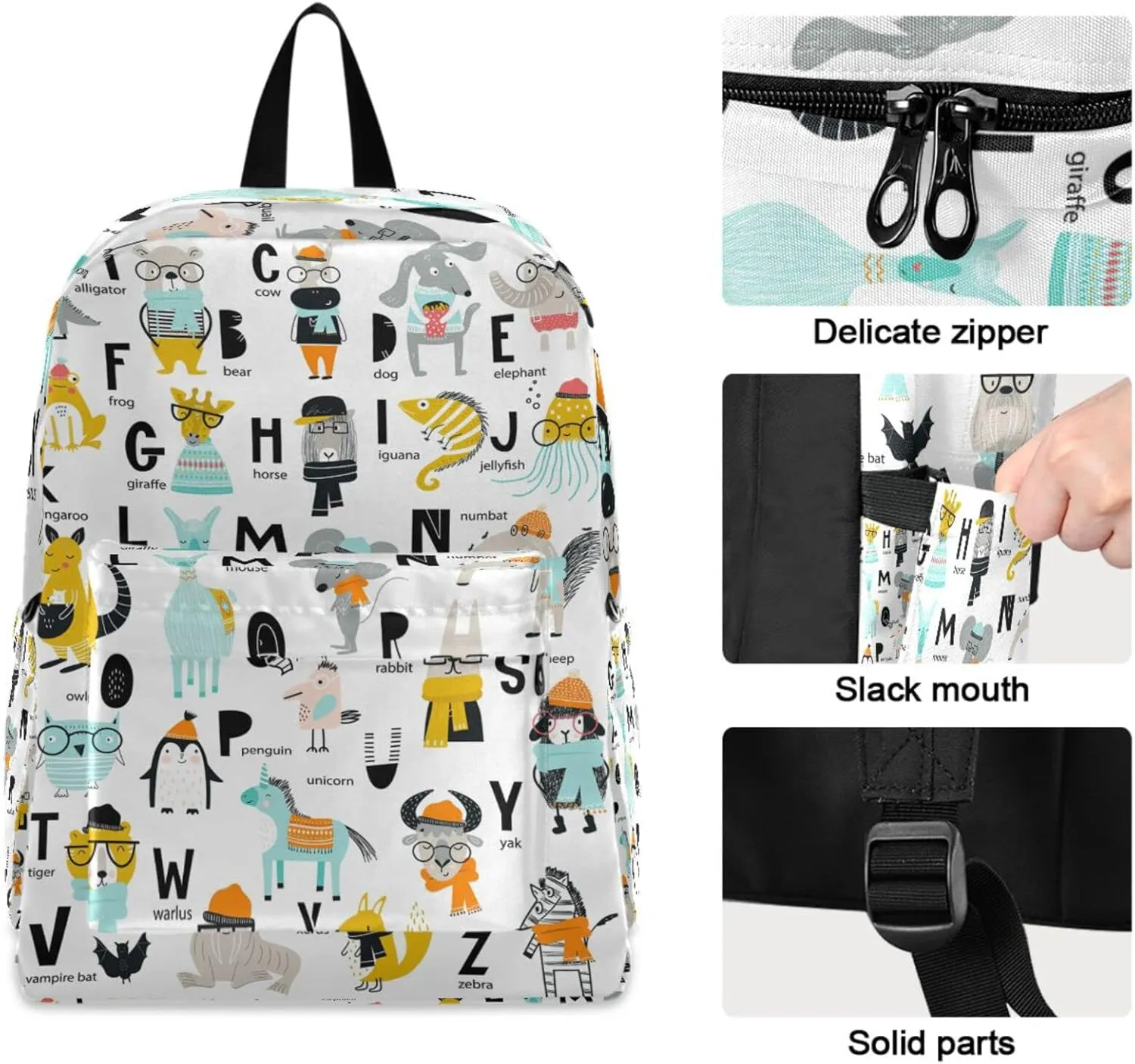 Cute Cartoon Animal Alphabet Large Portable Laptop Backpack Durable Travel Bag for Men Women School Bookbag Work Fit 16.5 Inch Notebook