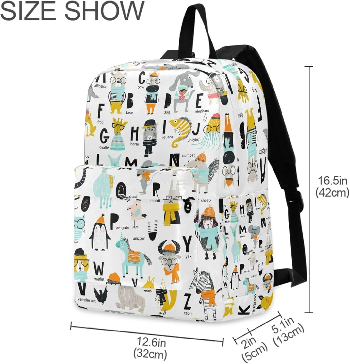Cute Cartoon Animal Alphabet Large Portable Laptop Backpack Durable Travel Bag for Men Women School Bookbag Work Fit 16.5 Inch Notebook