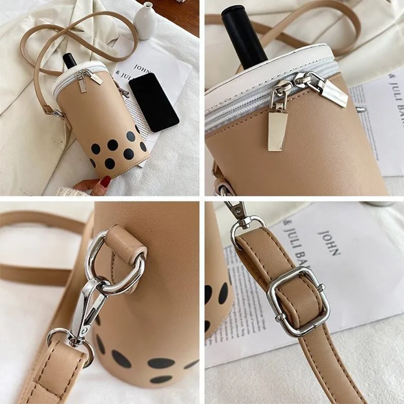 Cute Milk Tea Women&#39;s Shoulder Crossbody Bag Drink Cup Design Ladies Autumn Winter Cartoon Printing Pu Leather Messenger Bags
