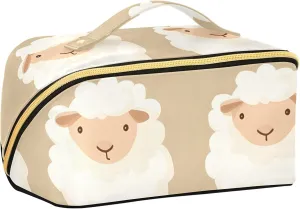 Cute Sheeps Lay Flat Travel Makeup Bag Large Capacity Cosmetic Organizer Toiletry Bag for WomanWide Open Portable Pouch with Divider and Handle
