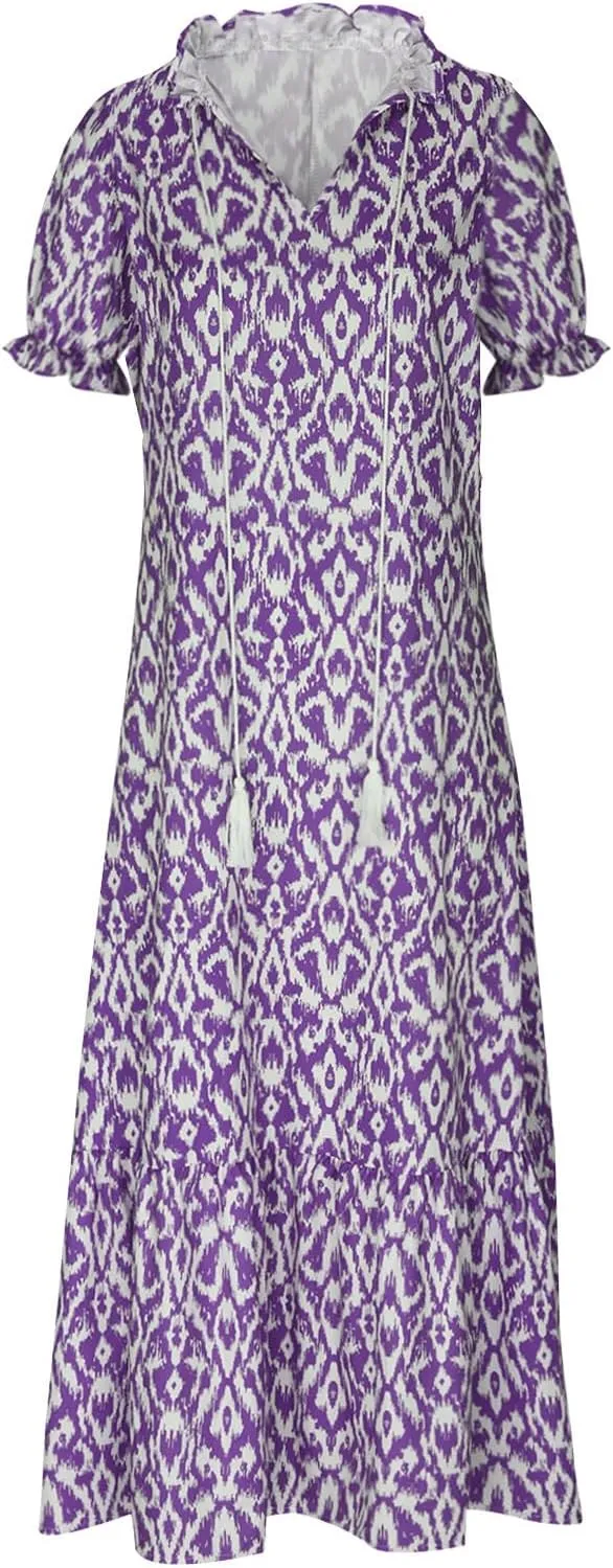 Dresses for Women Drawstring V Neck Short Sleeve Floral Print Maxi Dress Boho Loose Fit Causal Swing Long Dresses