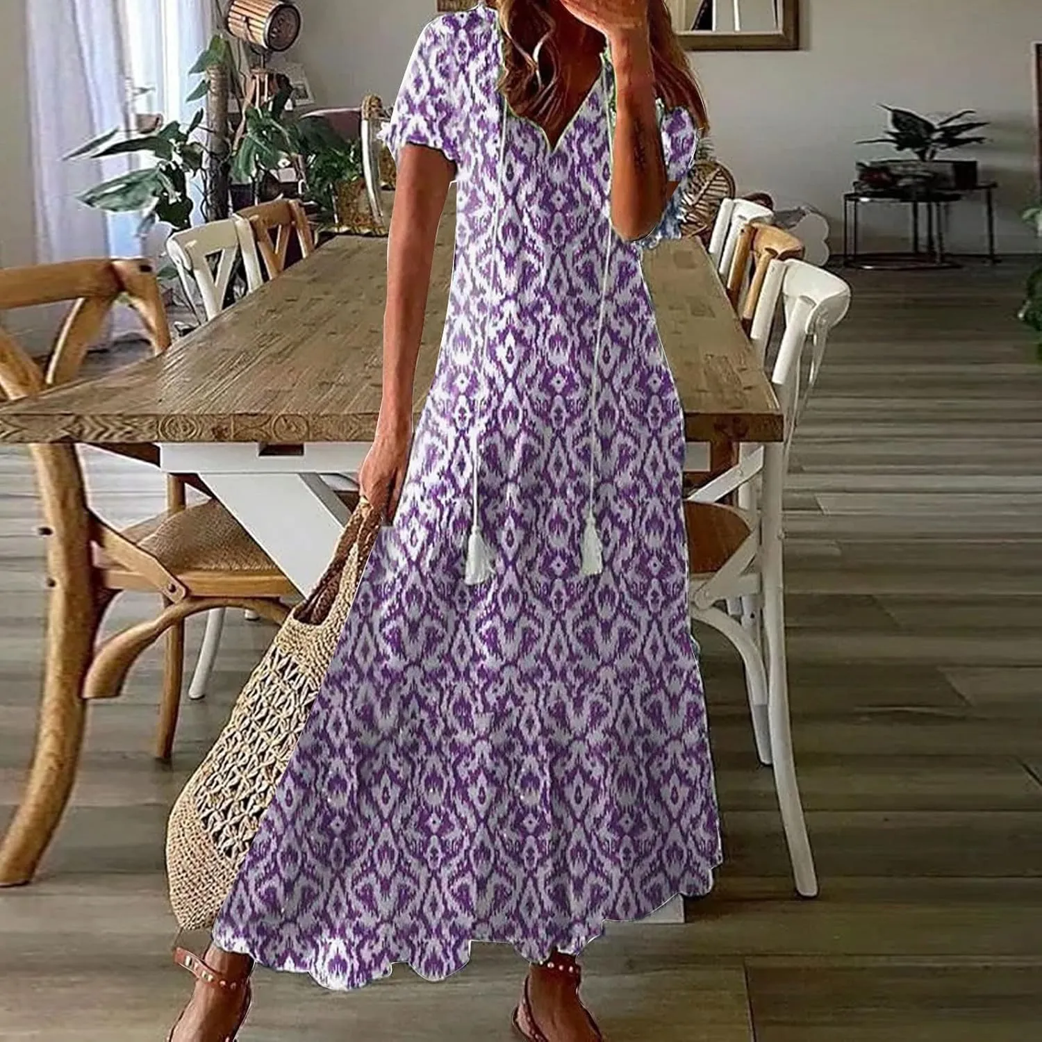 Dresses for Women Drawstring V Neck Short Sleeve Floral Print Maxi Dress Boho Loose Fit Causal Swing Long Dresses