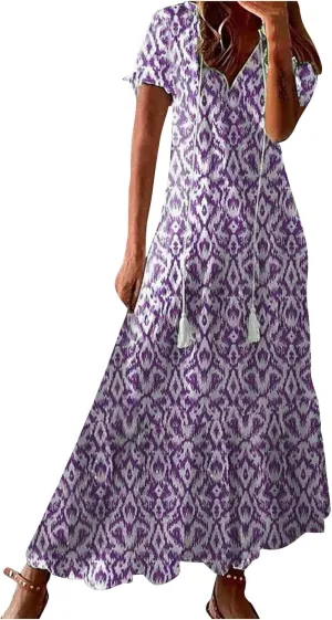Dresses for Women Drawstring V Neck Short Sleeve Floral Print Maxi Dress Boho Loose Fit Causal Swing Long Dresses