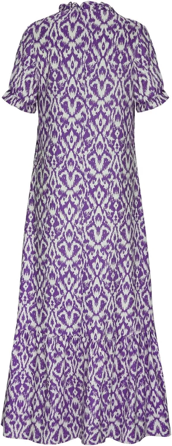 Dresses for Women Drawstring V Neck Short Sleeve Floral Print Maxi Dress Boho Loose Fit Causal Swing Long Dresses