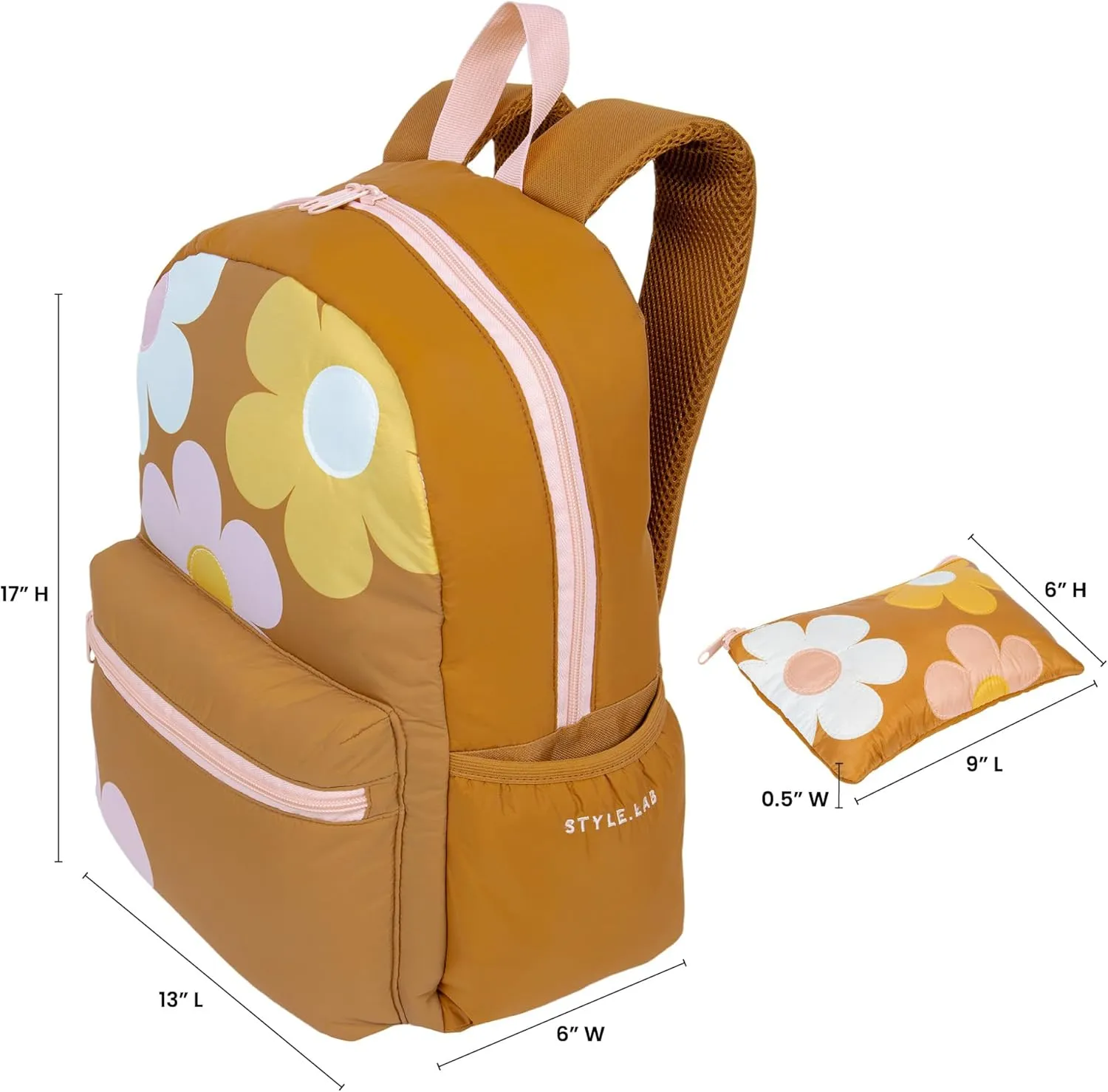 Fashion Angels Style.Lab Backpack for Kids, Travel Bookbag with Matching Pencil Pouch, Cute Puffer Detail & Daisy Design, Ideal for Girls & Boys in School