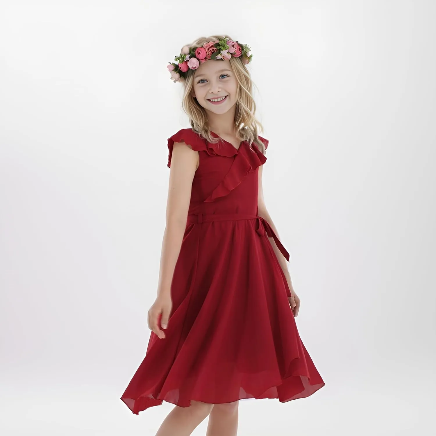 Flofallzique Girls Chiffon Dress Summer Party Wear Ruffle V Neck Wedding Graduation Junior Dress for 5-14 Years
