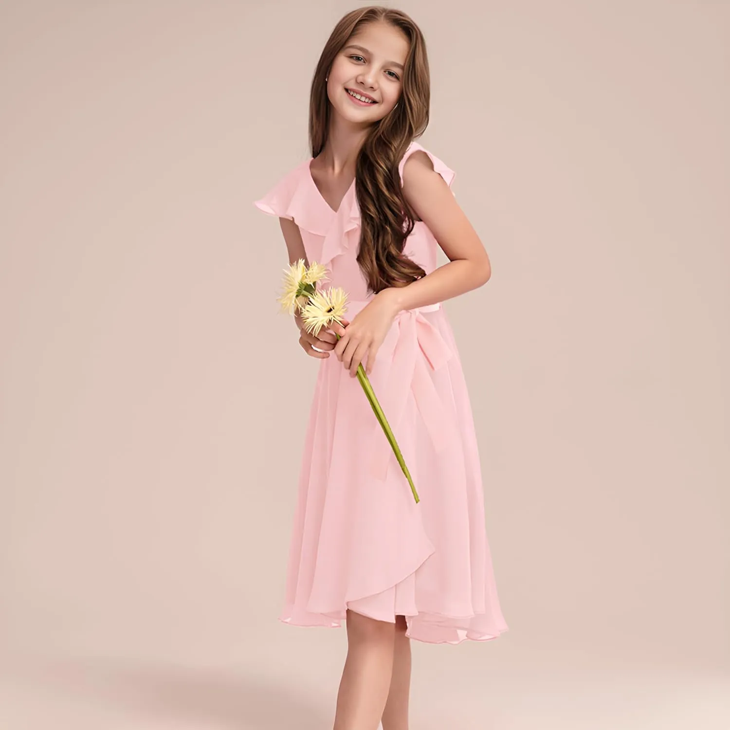 Flofallzique Girls Chiffon Dress Summer Party Wear Ruffle V Neck Wedding Graduation Junior Dress for 5-14 Years