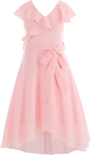 Flofallzique Girls Chiffon Dress Summer Party Wear Ruffle V Neck Wedding Graduation Junior Dress for 5-14 Years
