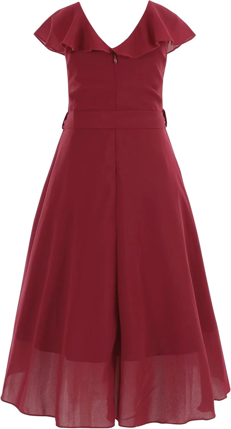 Flofallzique Girls Chiffon Dress Summer Party Wear Ruffle V Neck Wedding Graduation Junior Dress for 5-14 Years