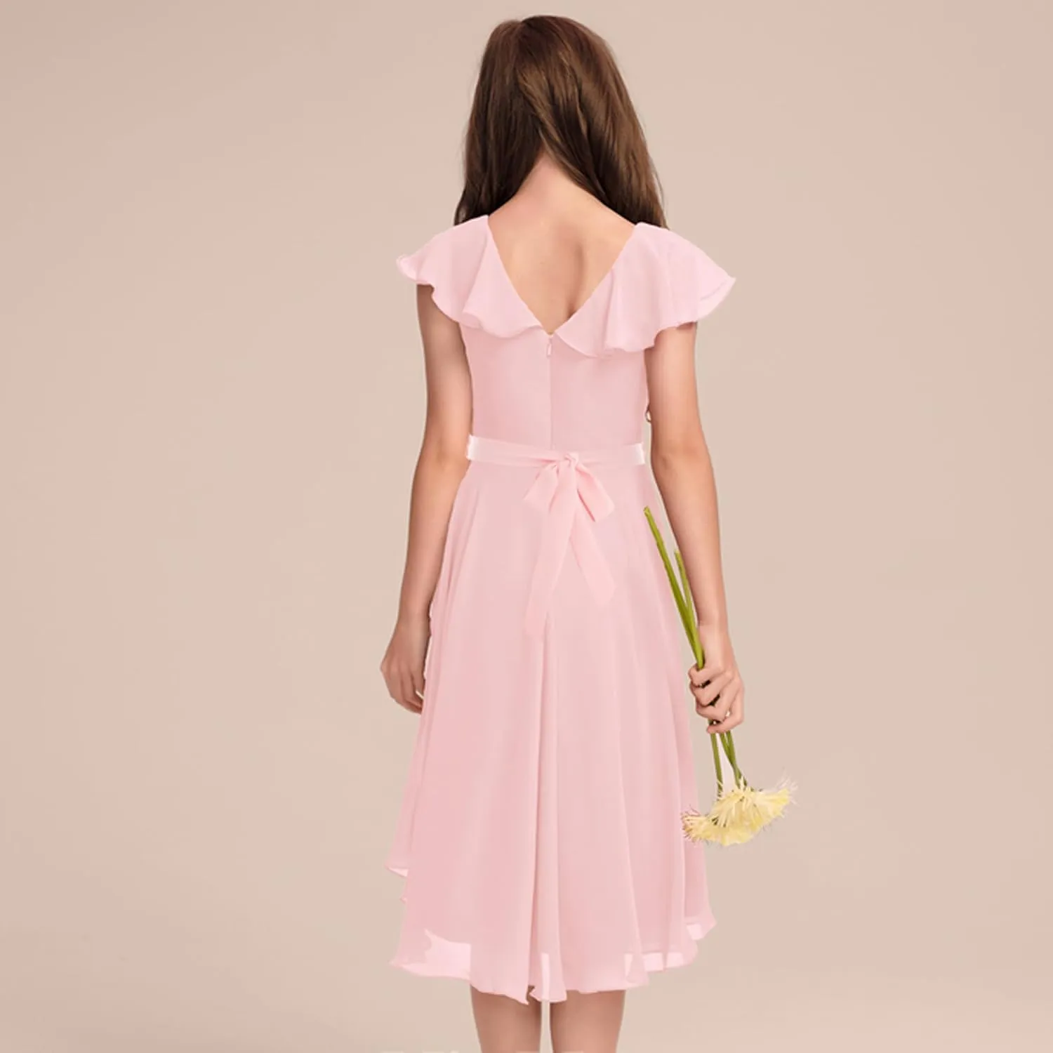 Flofallzique Girls Chiffon Dress Summer Party Wear Ruffle V Neck Wedding Graduation Junior Dress for 5-14 Years
