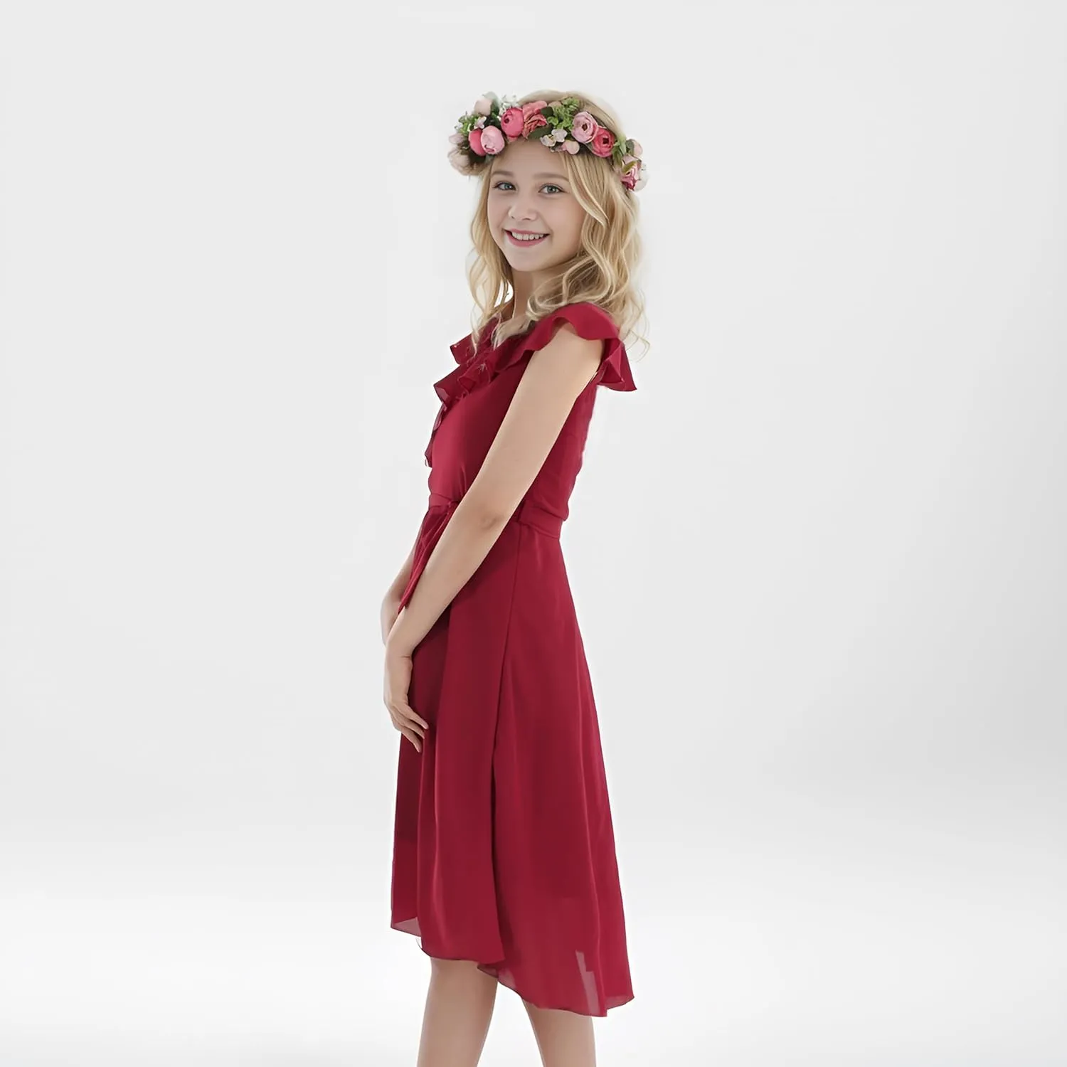 Flofallzique Girls Chiffon Dress Summer Party Wear Ruffle V Neck Wedding Graduation Junior Dress for 5-14 Years
