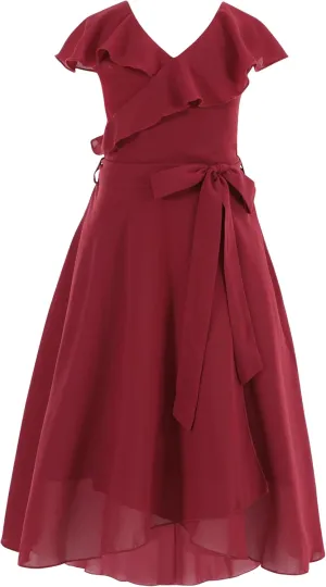 Flofallzique Girls Chiffon Dress Summer Party Wear Ruffle V Neck Wedding Graduation Junior Dress for 5-14 Years