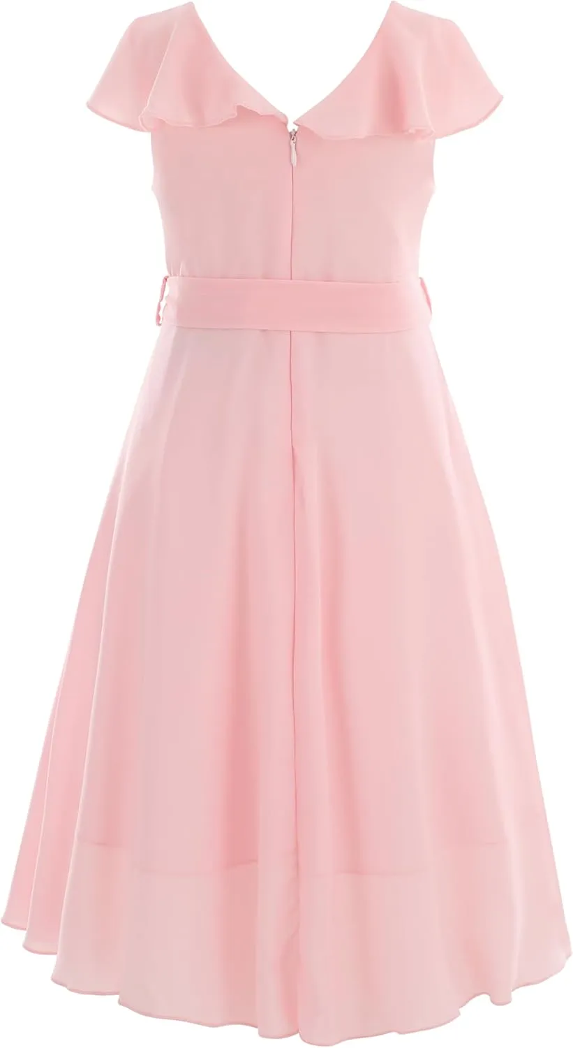 Flofallzique Girls Chiffon Dress Summer Party Wear Ruffle V Neck Wedding Graduation Junior Dress for 5-14 Years