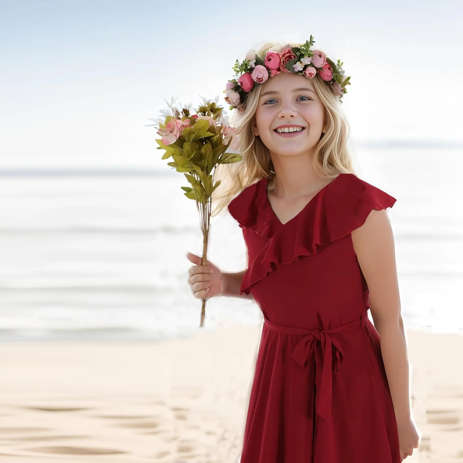 Flofallzique Girls Chiffon Dress Summer Party Wear Ruffle V Neck Wedding Graduation Junior Dress for 5-14 Years