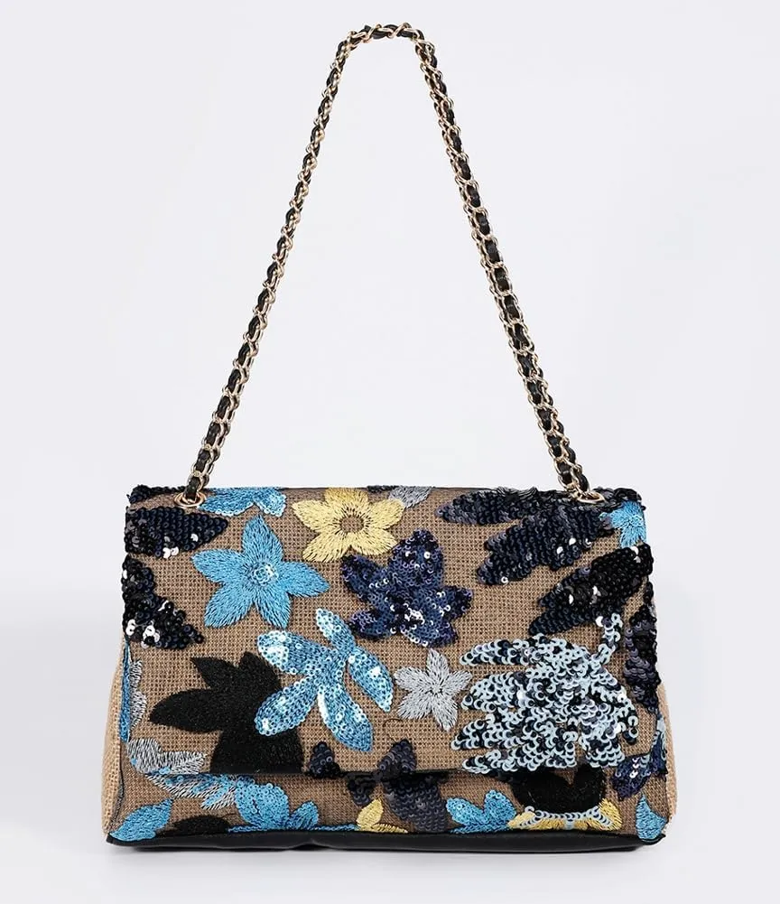Floral Embroidery Woven Shoulder Bag for Women Shining Sequin Large Capacity Evening Clutch for Commuting Dating Party