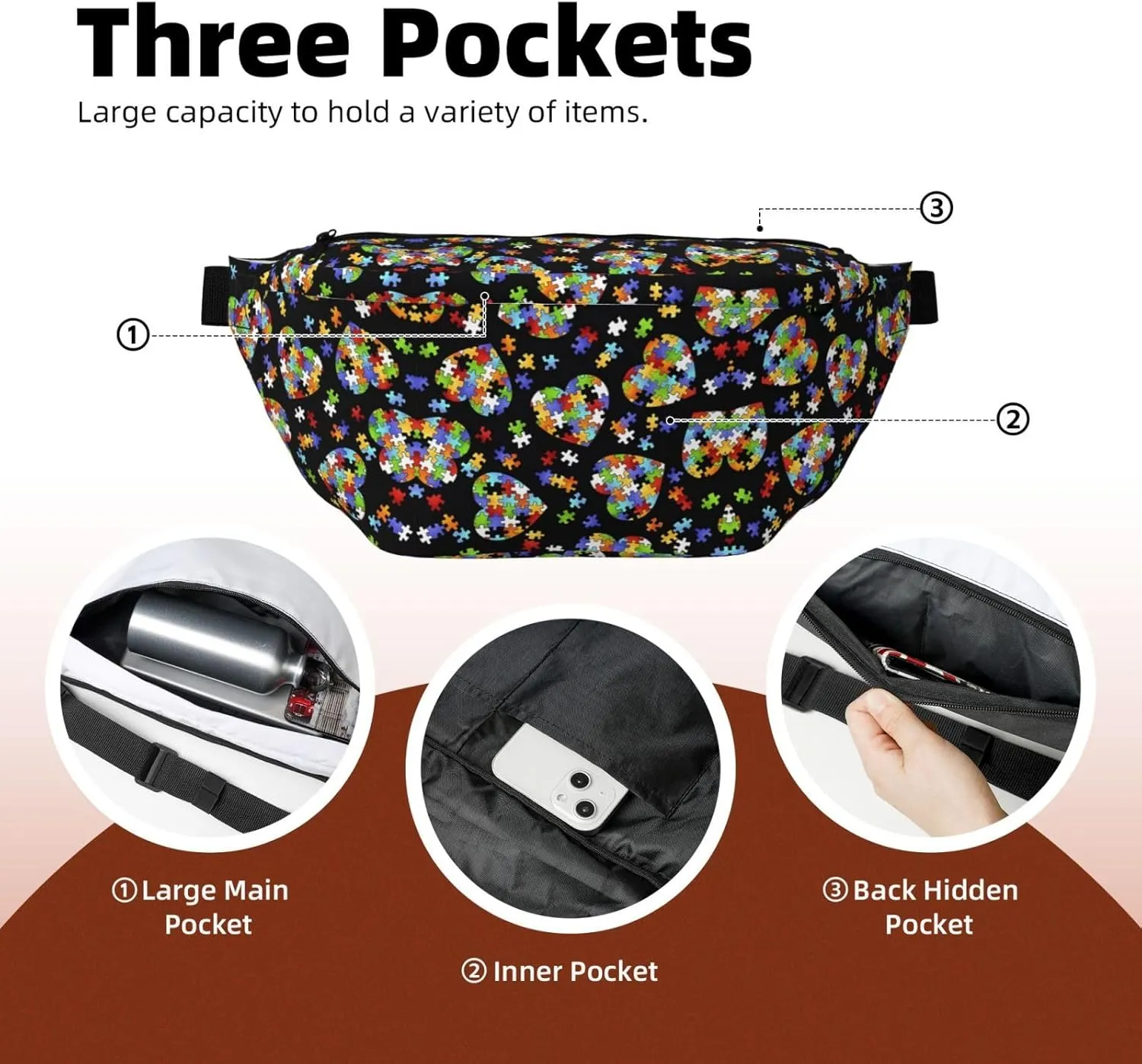 FoRes Autism Awareness Puzzle Pieces Heart Unisex Fanny Pack  Ideal for Travel, Running, Hiking, Walking, Workout, Fashionable & Large Capacity