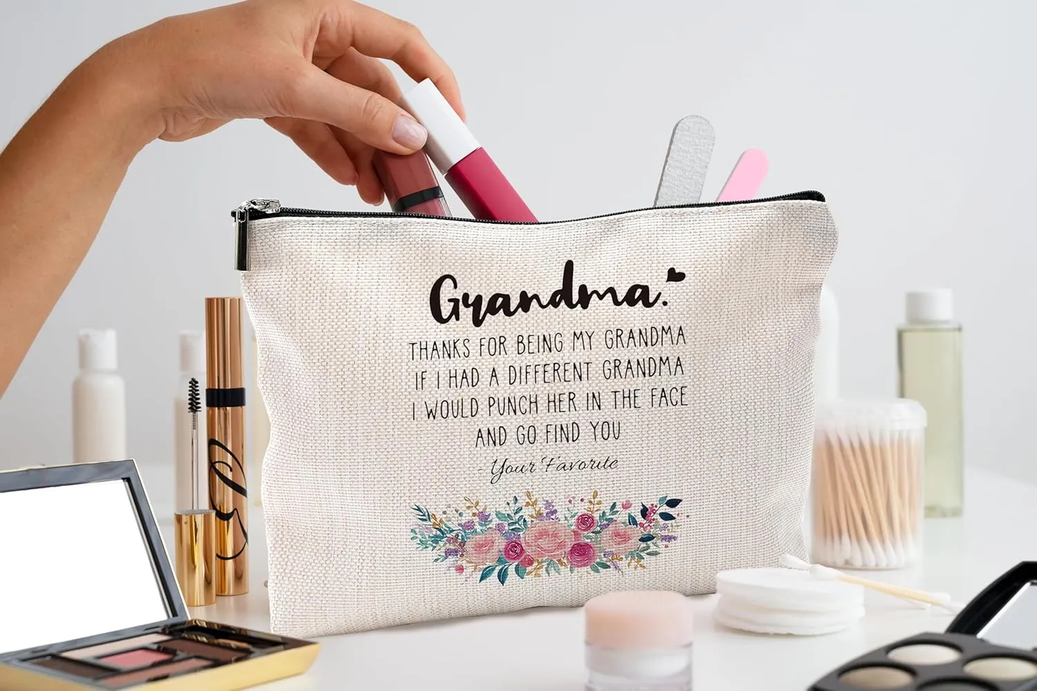 Funny Grandma Gifts Makeup Cosmetic Bag - Mothers Day Gifts for Grandma, Grandma Gifts from Grandchildren, Best Grandma Gifts, Grandma Floral Small Makeup Bag for Purse
