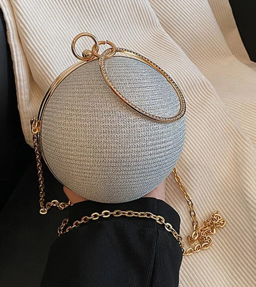 Glitter Evening Bag Shoulder Bag for Women Round Portable Ball Shaped Handbag Wallet Clutch Purse for Wedding Prom Party