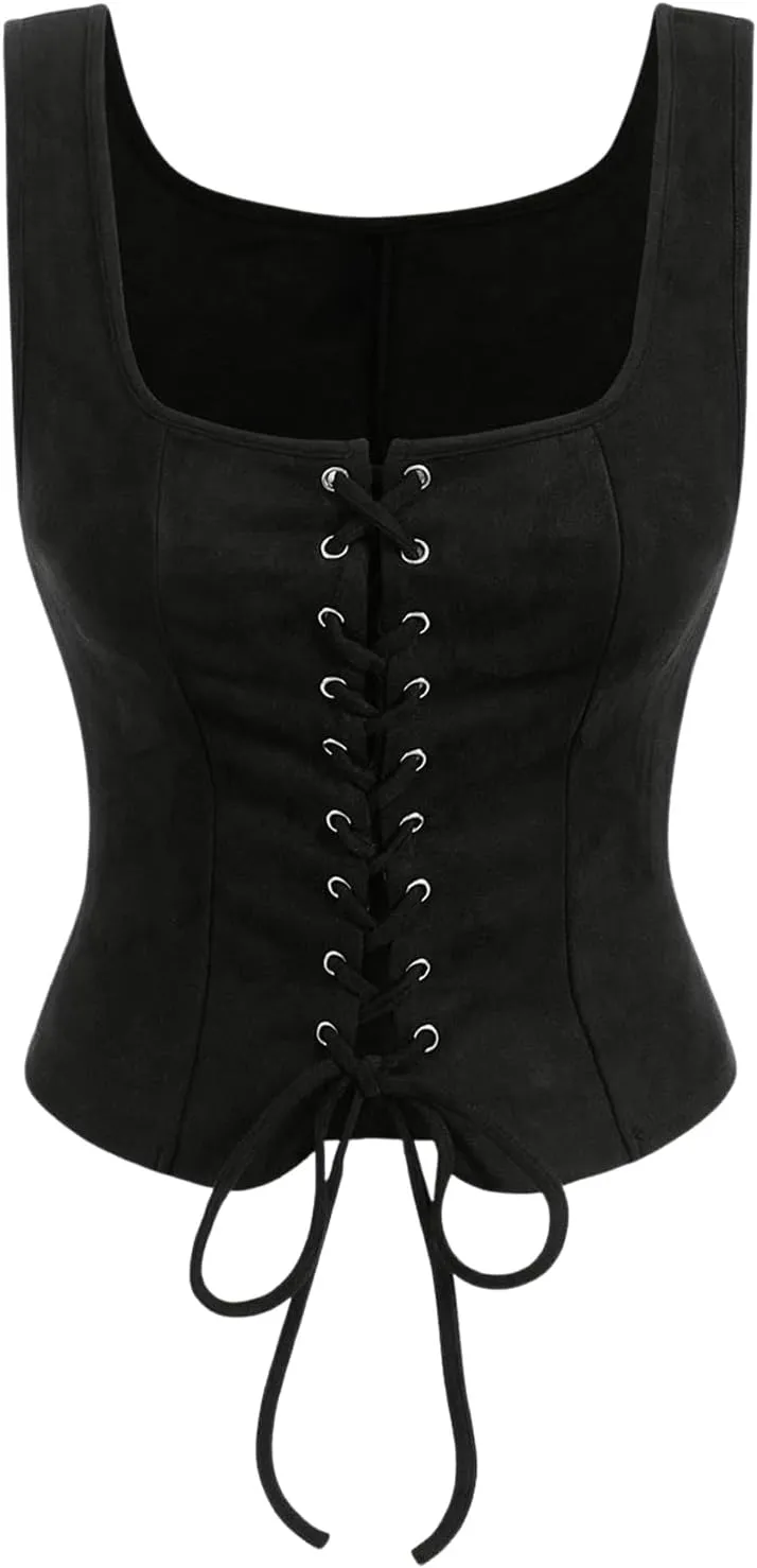 GORGLITTER Women's Sleeveless Western Cowgirl Rodeo Outfit Lace Up Vest Tops Pirate Renaissance Peasant Bodice 2025