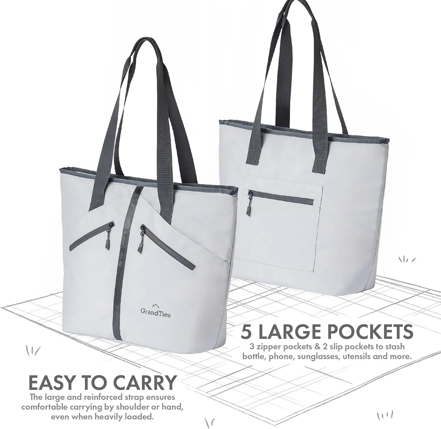GRANDTIES Insulated Cooler Tote Bag 30 Can Large Capacity Durable Zipper Leakproof Outshell for Grocery Lunch Picnic Travel (Gray)