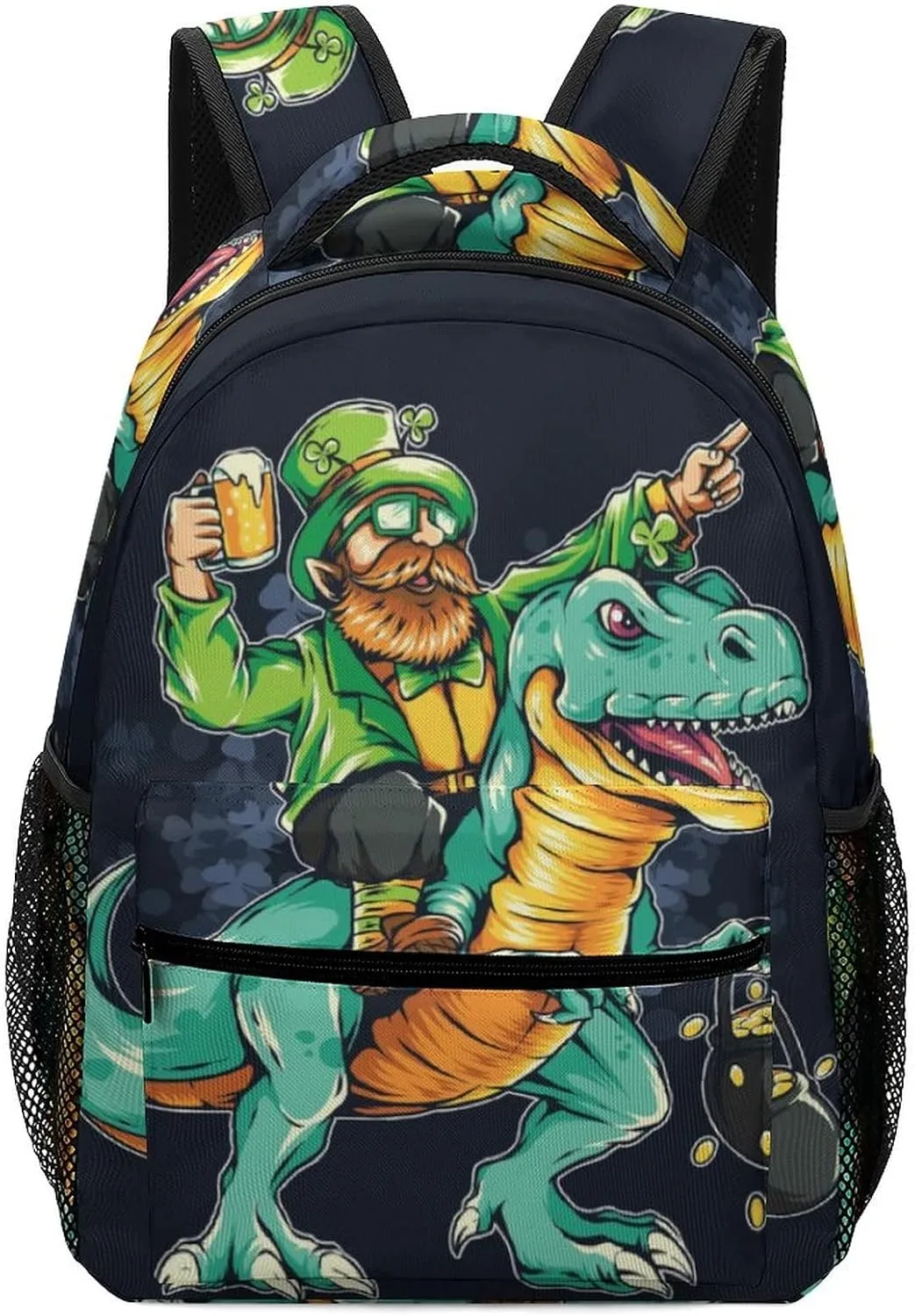 Green Dinosaur Backpack Saint Patrick's Day Leprechaun Large computer Bags with Chest Strap,Lightweight Casual Daypack for Women Men Hiking Travel Work and Business 16 Inch