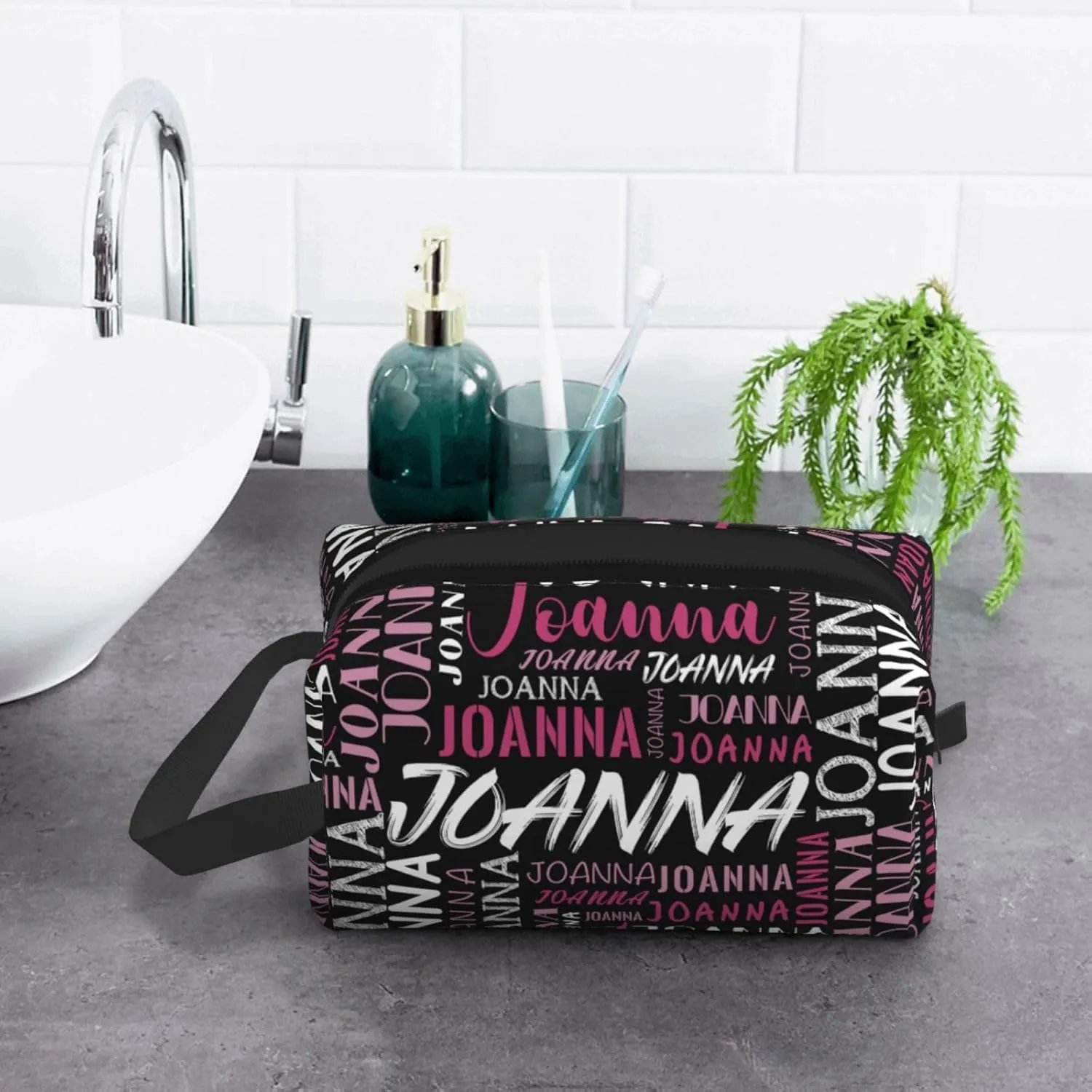 Husguciy Custom Makeup Bag with Name, Personalized Cosmetic Bag Add Your Name, Customized Zipper Toiletry Bag Gifts for Woman Wife Girls Men Travel (Black Pink)