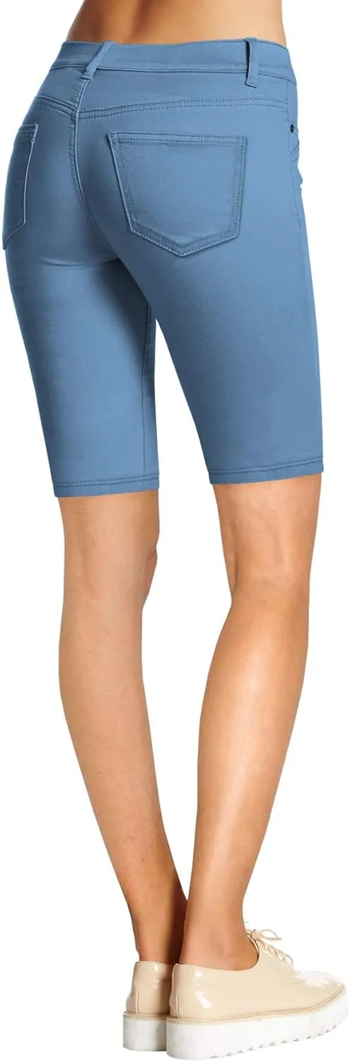Hybrid & Company Women's Ultra Stretch Perfectly Shaping Mid Rise Skinny Bermuda Shorts with Pockets