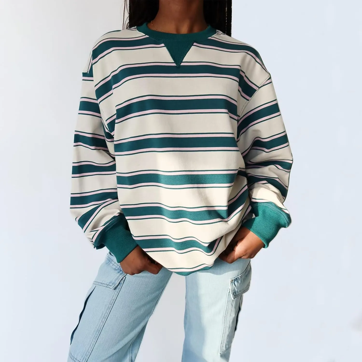 IMISSILLEB Women Oversized Patchwork Sweatshirt Long Sleeve Crewneck Color Block Striped Pullovers 2024 Fall Casual Tops
