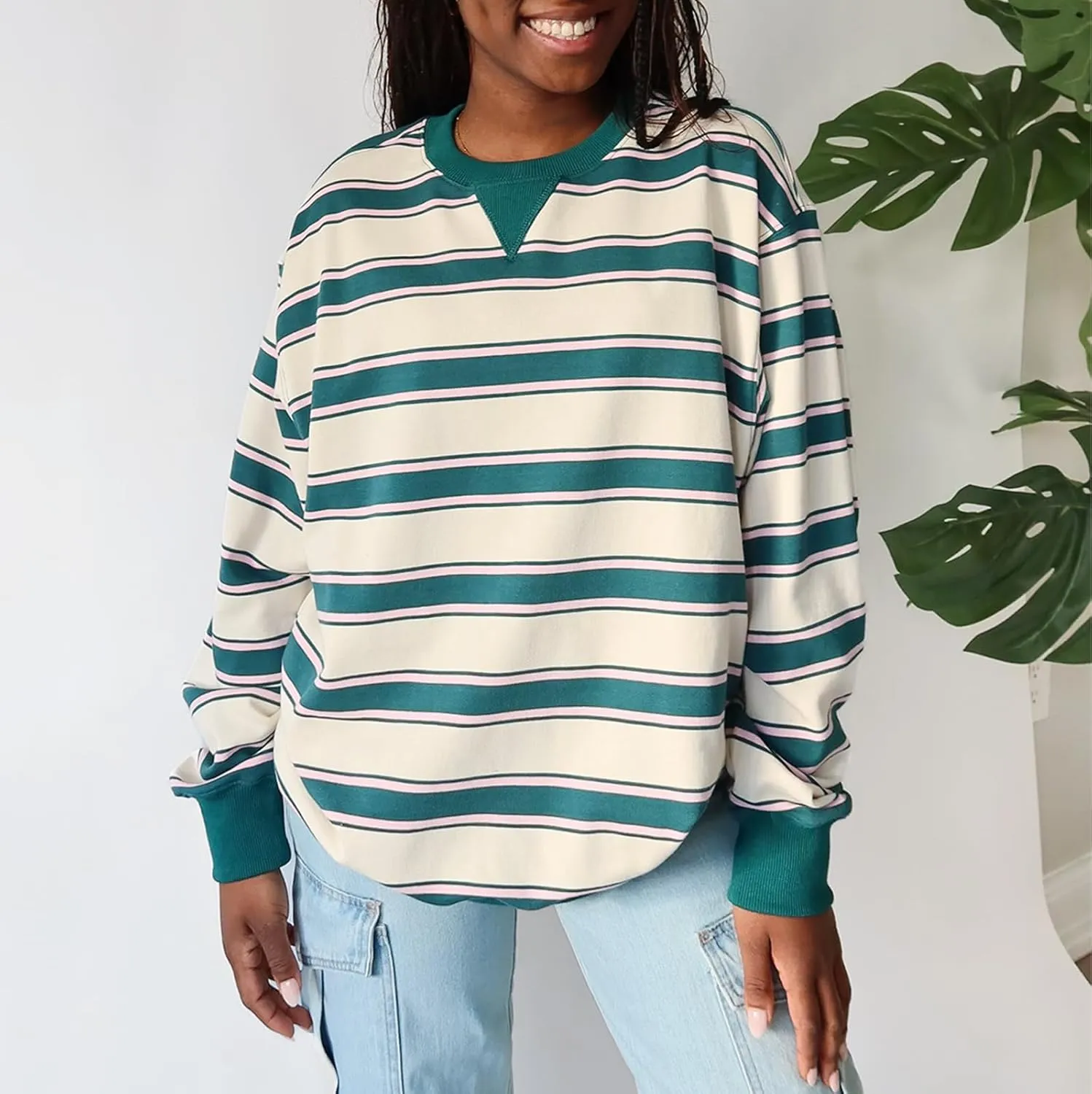 IMISSILLEB Women Oversized Patchwork Sweatshirt Long Sleeve Crewneck Color Block Striped Pullovers 2024 Fall Casual Tops