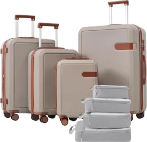 Lightweight 4-Piece Luggage Set with Compression Packing Cubes, Expandable Spinner Wheels, Khaki Color