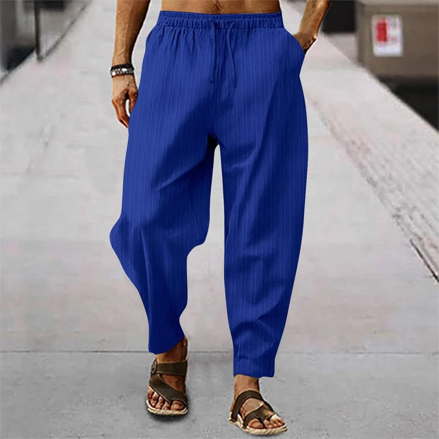 Linen Pants for Men Beach Casual Drawstring Summer Beach Pants Lightweight Breathable Flat Front Trouser with Pockets