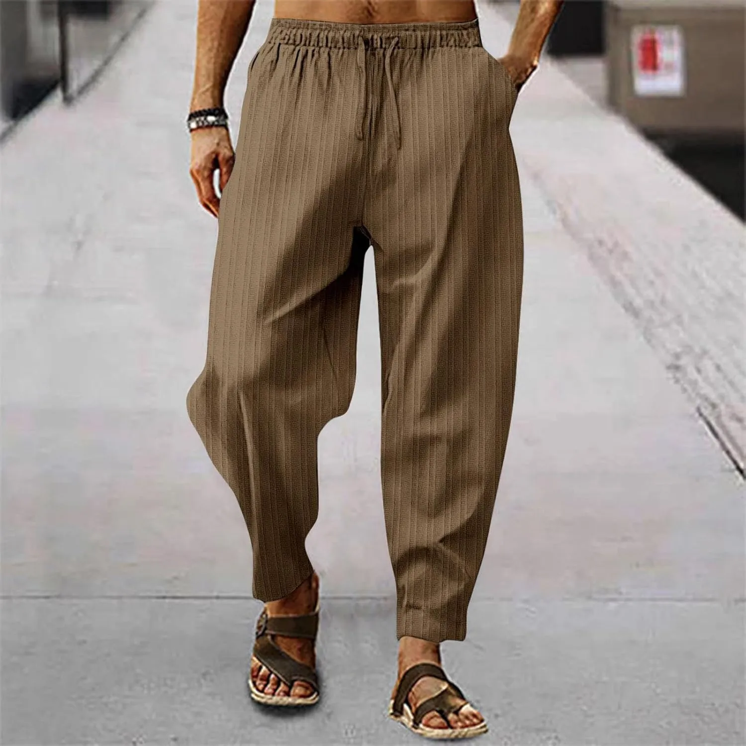 Linen Pants for Men Beach Casual Drawstring Summer Beach Pants Lightweight Breathable Flat Front Trouser with Pockets