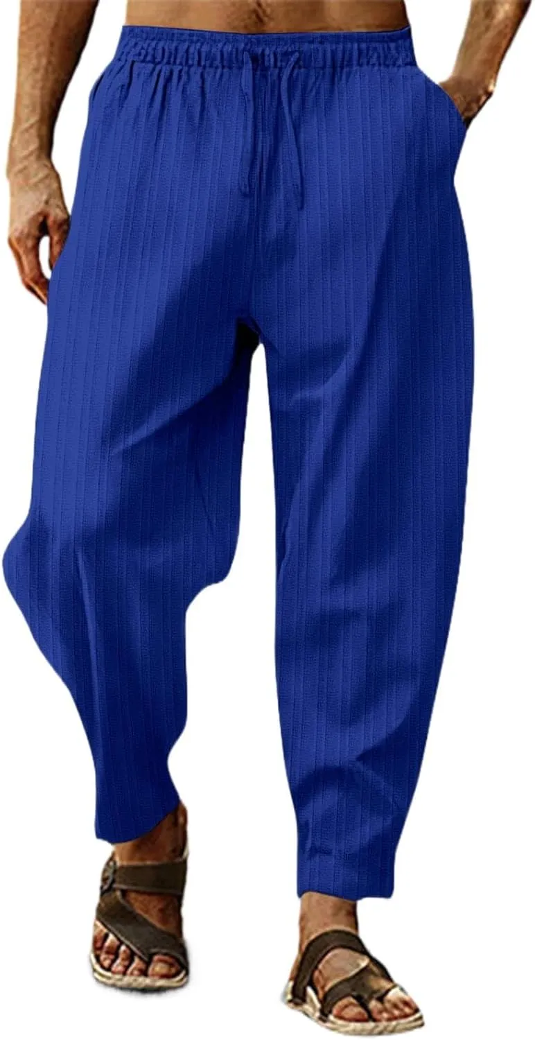 Linen Pants for Men Beach Casual Drawstring Summer Beach Pants Lightweight Breathable Flat Front Trouser with Pockets