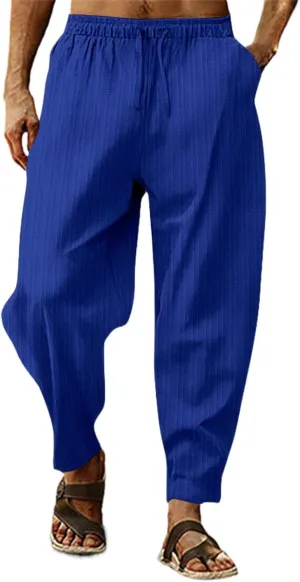 Linen Pants for Men Beach Casual Drawstring Summer Beach Pants Lightweight Breathable Flat Front Trouser with Pockets