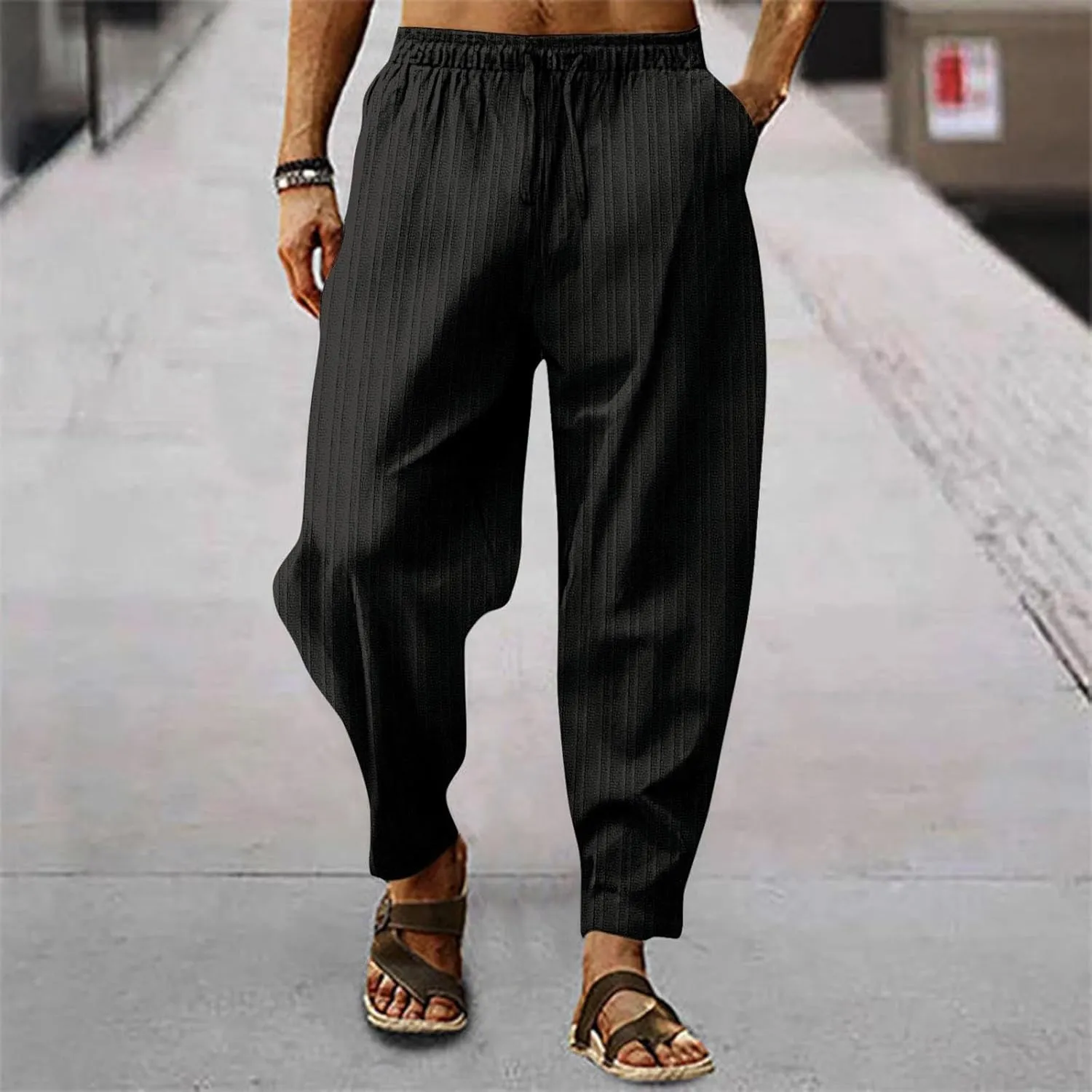 Linen Pants for Men Beach Casual Drawstring Summer Beach Pants Lightweight Breathable Flat Front Trouser with Pockets