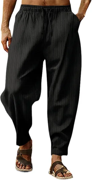 Linen Pants for Men Beach Casual Drawstring Summer Beach Pants Lightweight Breathable Flat Front Trouser with Pockets