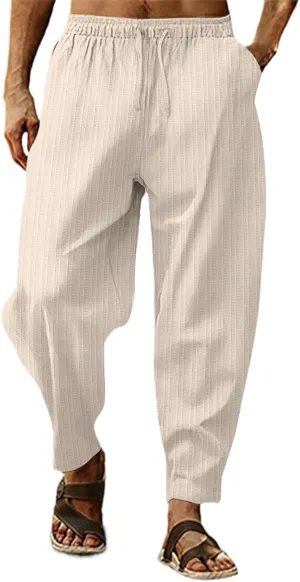 Linen Pants for Men Beach Casual Drawstring Summer Beach Pants Lightweight Breathable Flat Front Trouser with Pockets