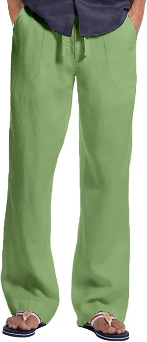 Linen Pants for Men Loose Fit Casual Classic Summer Beach Pant Lightweight Breathable Flat Front Trouser with Pockets