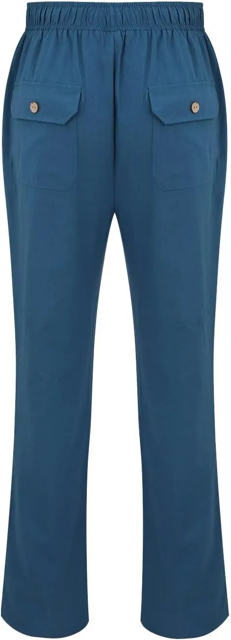 Linen Pants for Men Loose Fit Elastic Drawstring Waist Lounge Beach Pants Summer Casual Straight Leg Dress Trousers