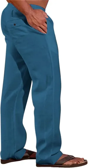 Linen Pants for Men Loose Fit Elastic Drawstring Waist Lounge Beach Pants Summer Casual Straight Leg Dress Trousers