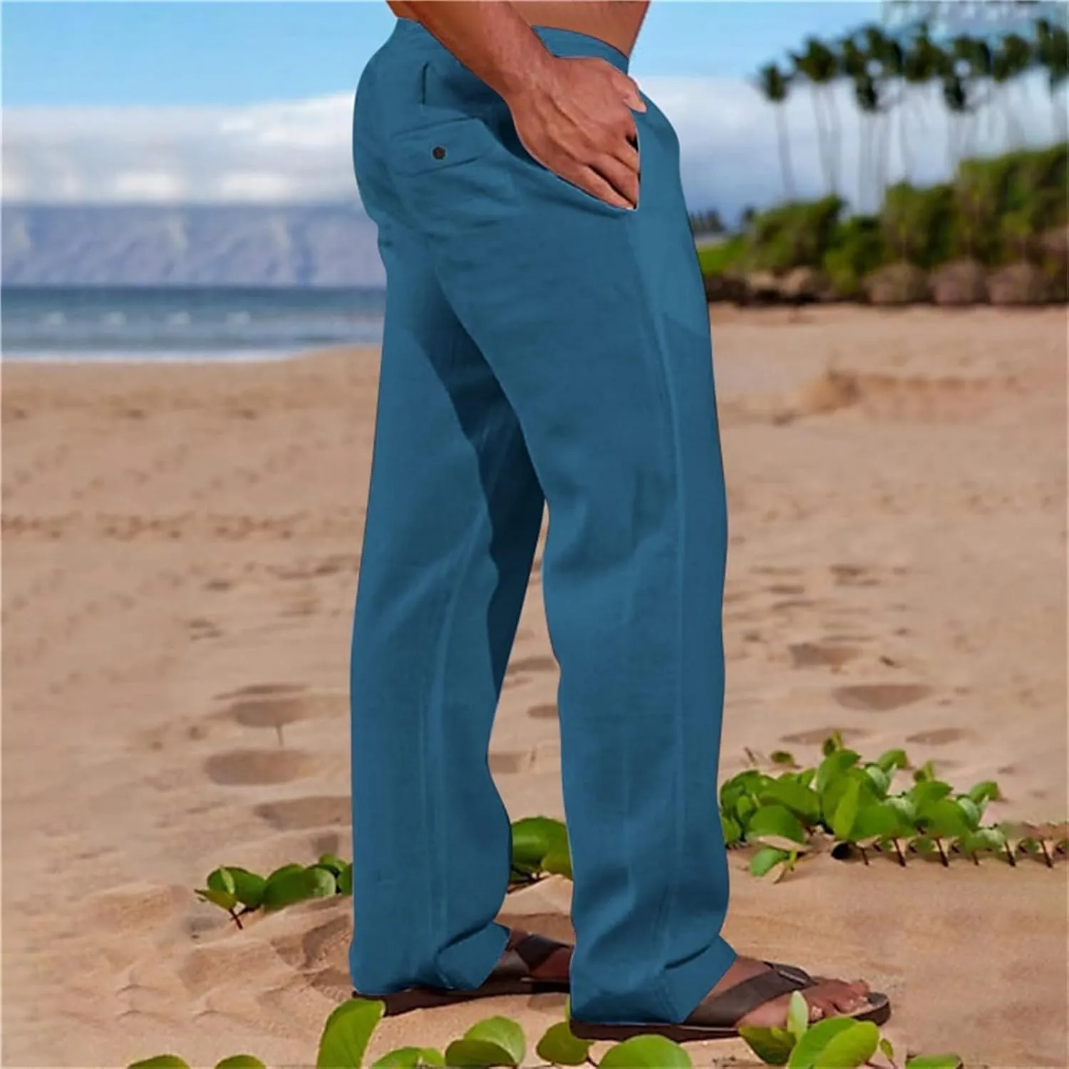 Linen Pants for Men Loose Fit Elastic Drawstring Waist Lounge Beach Pants Summer Casual Straight Leg Dress Trousers