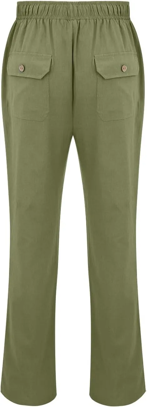 Linen Pants for Men Loose Fit Elastic Drawstring Waist Lounge Beach Pants Summer Casual Straight Leg Dress Trousers